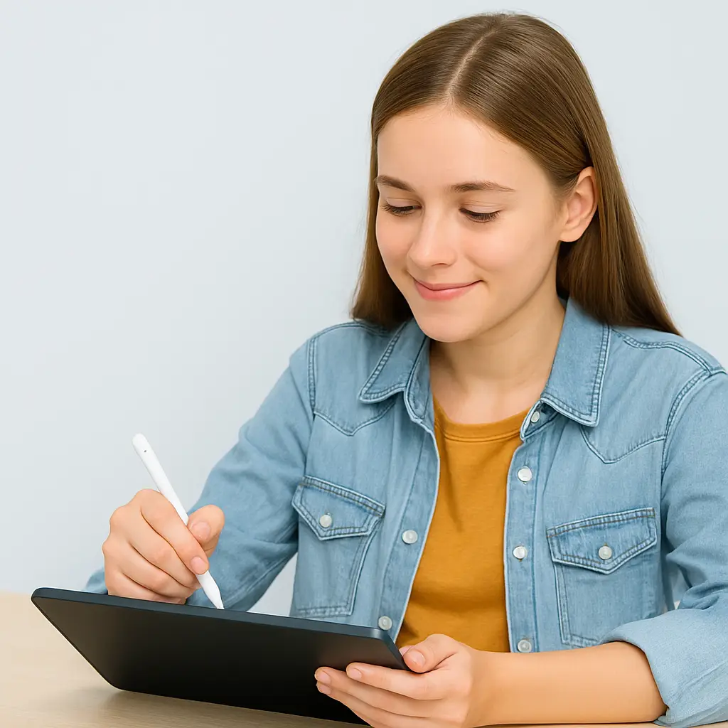 Jugendliche Schülerin der Oberstufe nutzt NextNachhilfe auf dem Tablet mit digitalem Stift für ihre Hausaufgaben