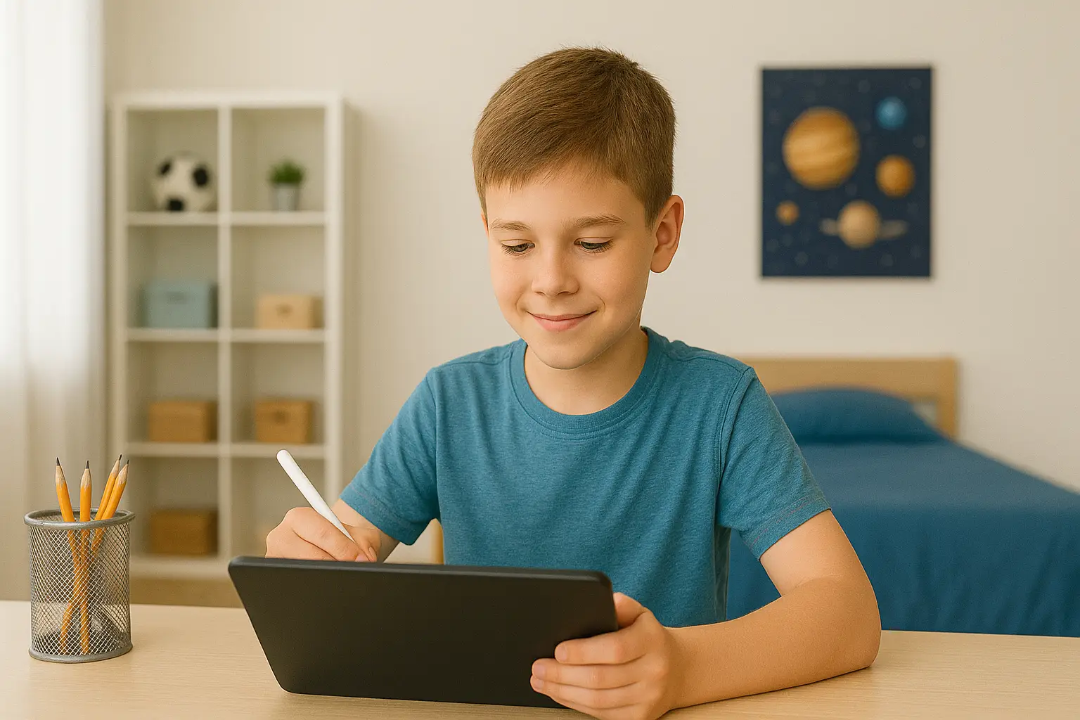 Grundschülerin arbeitet konzentriert mit NextNachhilfe am Tablet